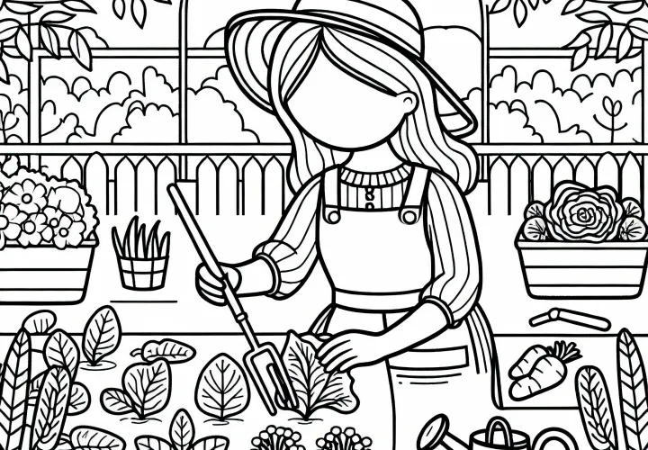 Jardinera planta verduras en el invernadero – Plantilla de colorear gratuita