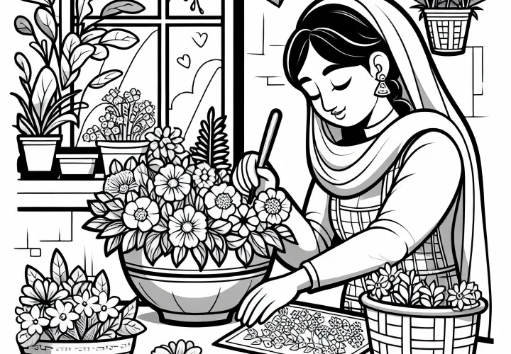 Jardinera crea arreglo floral - Plantilla para colorear gratis