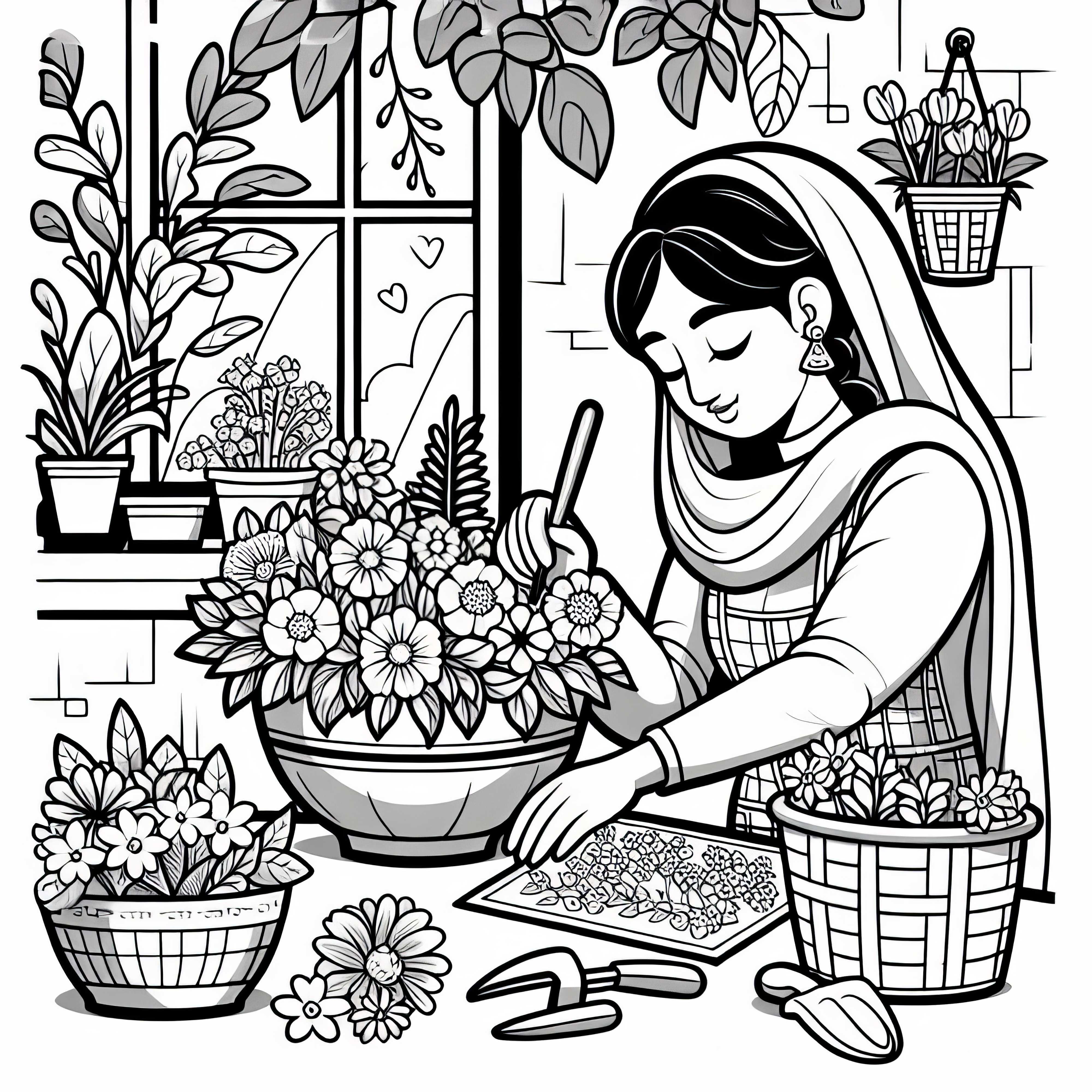 Tukang kebun membuat susunan bunga - Template mewarnai gratis Gardener membuat susunan bunga - template mewarnai gratis