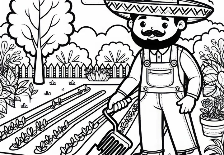 Gran jardín con muchas camas y plantilla para colorear de jardinero gratis