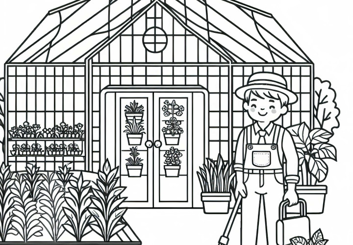 Kebun besar dengan tukang kebun - Gambar untuk diwarnai gratis
