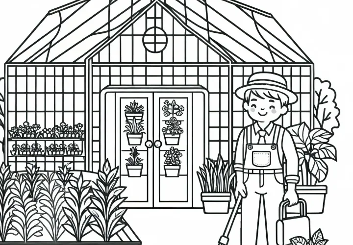 Gran invernadero con jardinero - Dibujo para colorear gratis