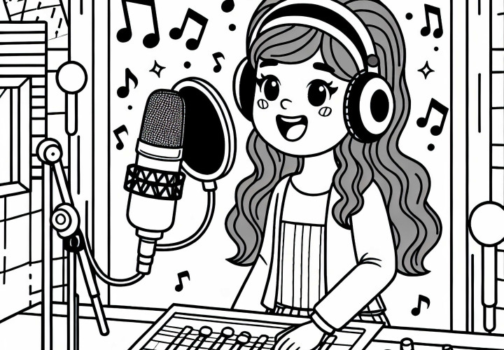 Chanteur en studio d'enregistrement – Modèle de coloriage gratuit Chanteur dans le studio d'enregistrement lors de l'enregistrement - Modèle à colorier gratuit