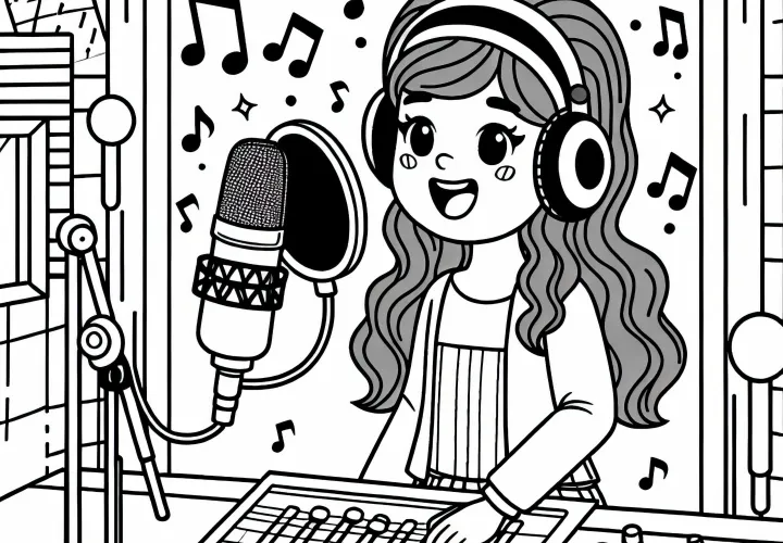 Chanteur dans le studio d'enregistrement lors de l'enregistrement - Modèle à colorier gratuit