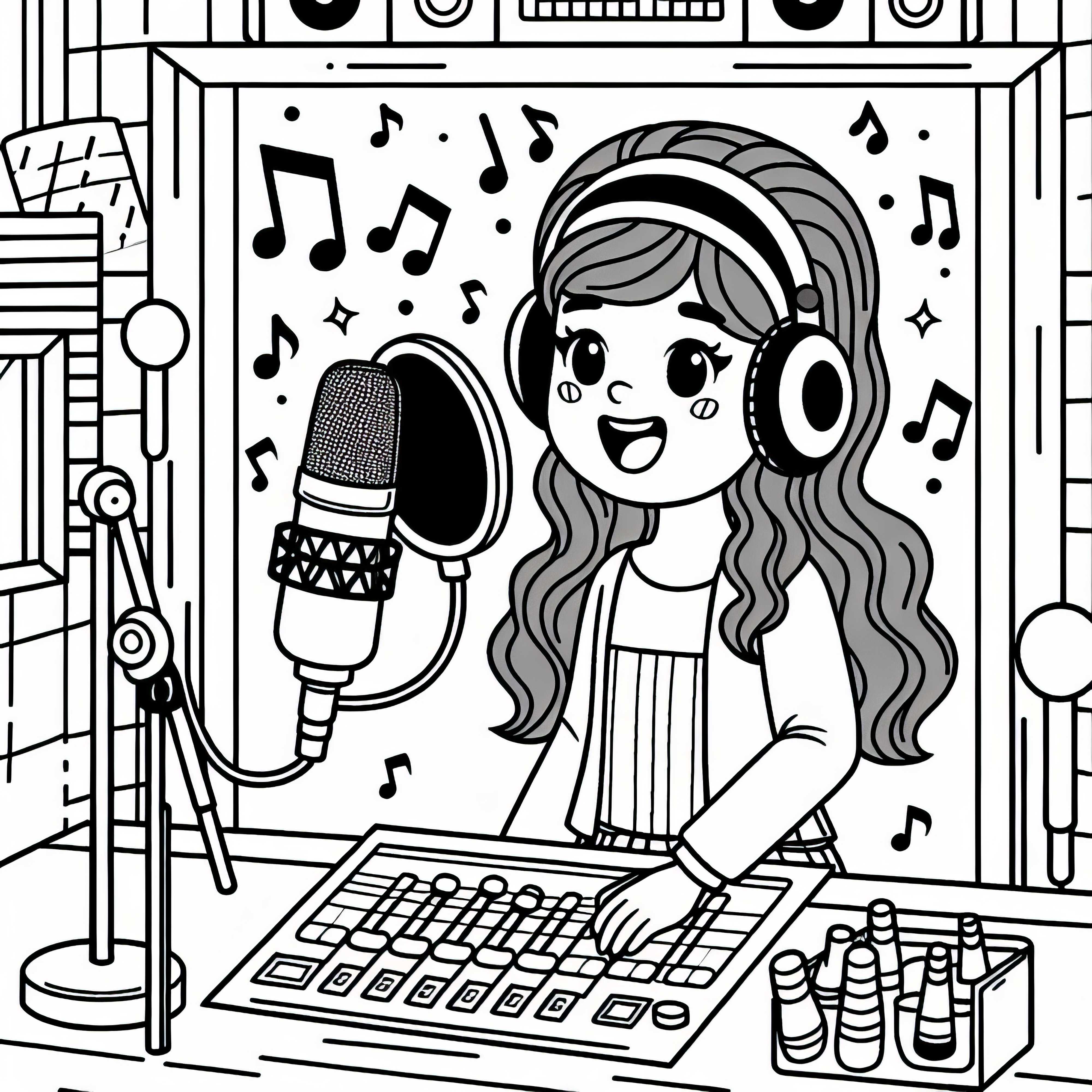 Chanteur dans le studio d'enregistrement – Modèle de coloriage gratuit