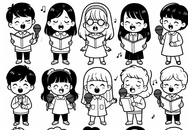 Niños cantando - Dibujo para colorear gratis Niños cantando - Imagen para colorear gratis