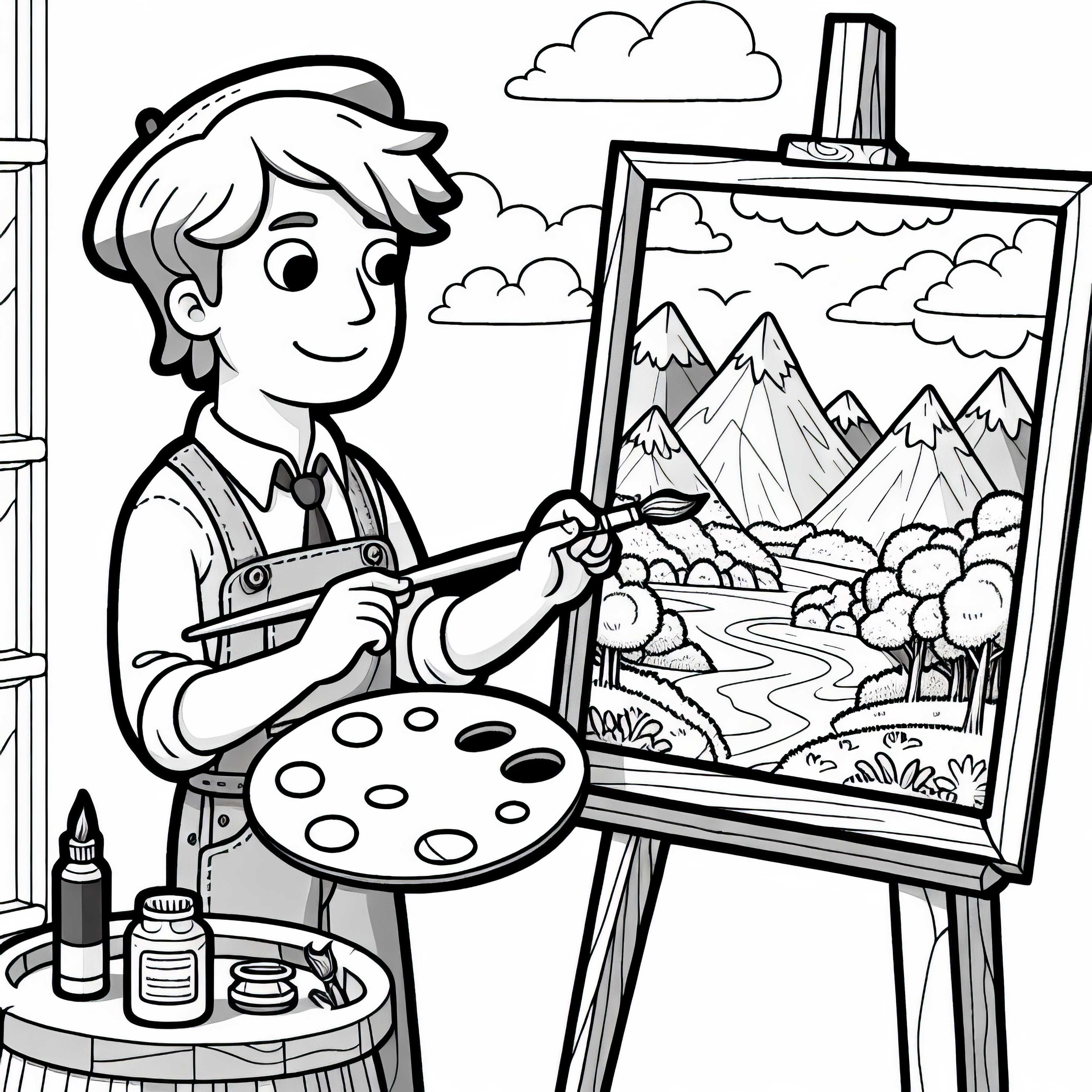 Maler malt Landschaft auf Leinwand – Malvorlage kostenlos