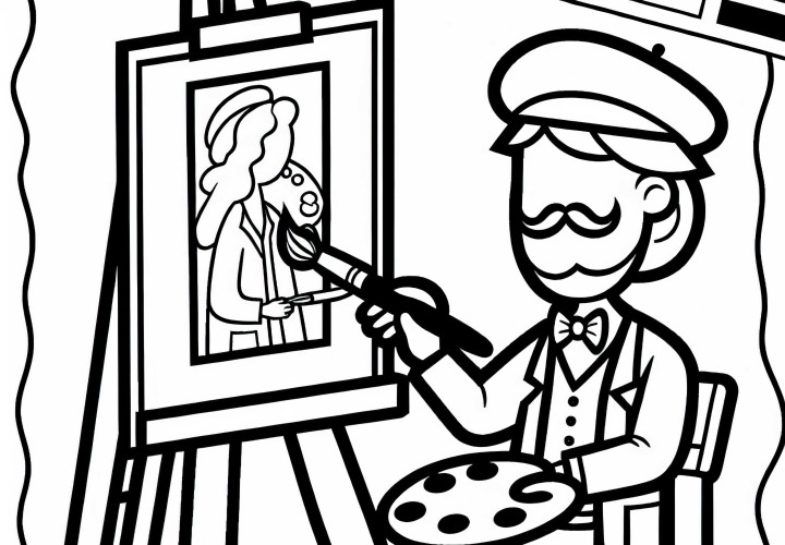 Maler mit Pinsel und Palette vor Staffelei – Malvorlage kostenlos Maler mit Pinsel und Palette vor Staffelei – Malvorlage kostenlos