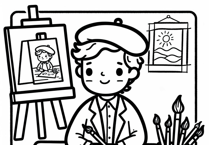 Maler im Atelier mit Skizzen und Leinwänden – Ausmalbild gratis Maler im Atelier mit Skizzen und Leinwänden – Ausmalbild gratis