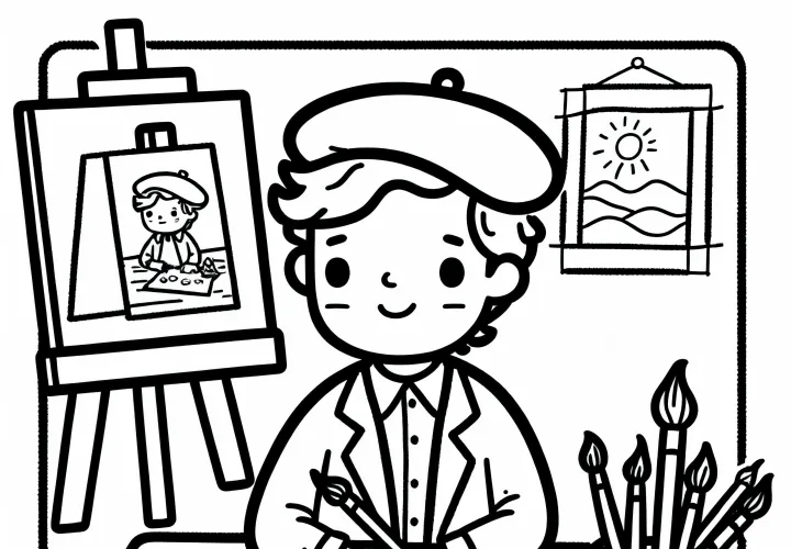 Pelukis di atelier dengan sketsa dan kanvas - Gambar mewarnai gratis