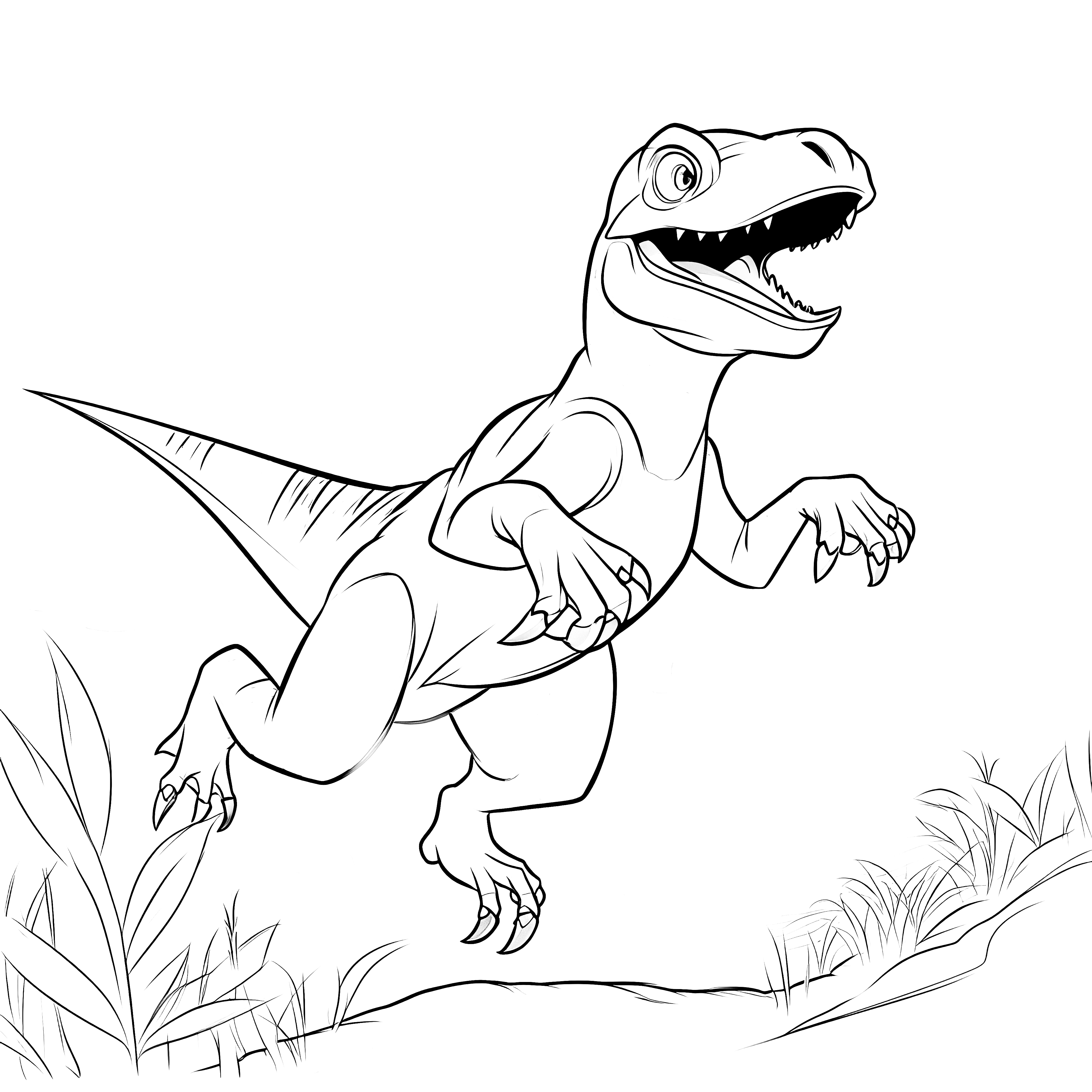 Dinosaurs in motion, surrounded by plants - ideal as a coloring picture