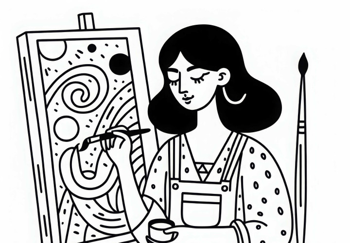 Malerin, die ein abstraktes Kunstwerk erschafft – Ausmalbild kostenlos Malerin, die ein abstraktes Kunstwerk erschafft – Ausmalbild kostenlos