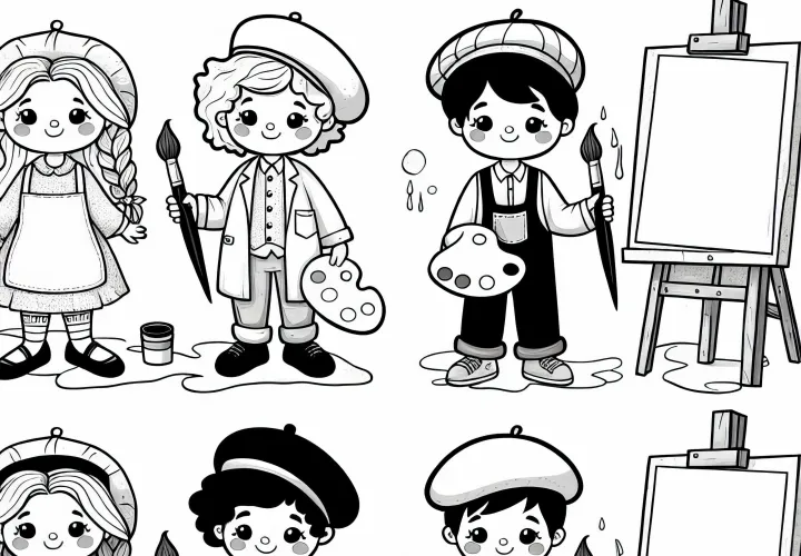 Anak-anak yang berpakaian sebagai pelukis - Gratis template mewarnai