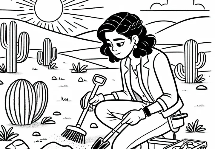 Forsker i ørkenen ved udgravning – Malerbog gratis