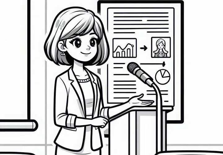 Forskerinde ved konference med præsentationsplakat – gratis malebog