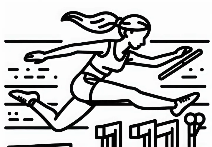 Atlet wanita melompati rintangan di stadion atletik - Gambar untuk diwarnai gratis
