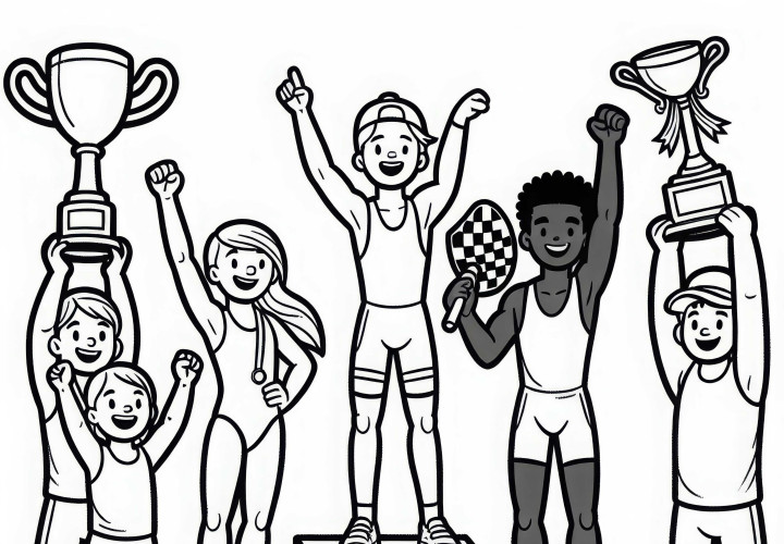 Athletes celebrate victory on the podium – free coloring page Athletes celebrate victory on the podium – Free coloring page