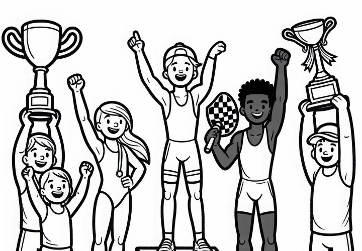 Atlet merayakan kemenangan di podium – Template mewarnai gratis