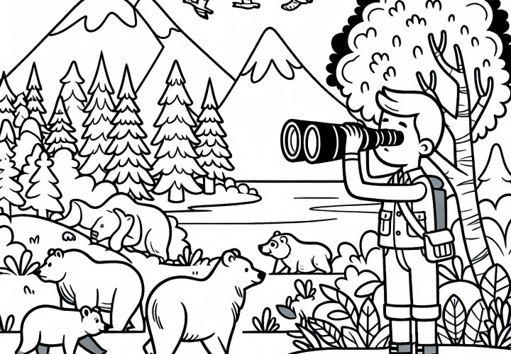 Förster beobachtet Wildtiere mit Fernglas – Malvorlage kostenlos Förster beobachtet Wildtiere mit Fernglas – Malvorlage kostenlos