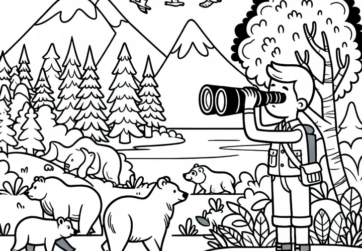 Skovrider observerer vilde dyr med kikkert - Malebog gratis