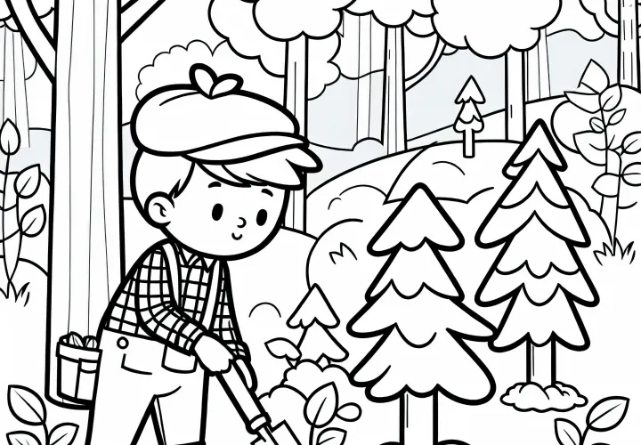 Skovrider planter unge træer i skoven – Malebog gratis