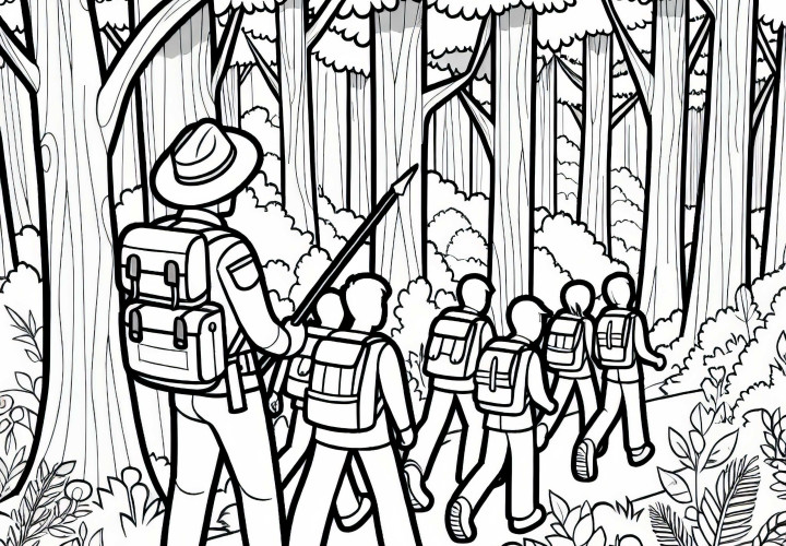 Förster führt Gruppe von Wanderern durch den Wald - Ausmalbild kostenlos Förster führt Gruppe von Wanderern durch den Wald - Ausmalbild kostenlos