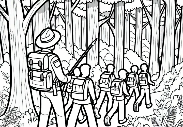 Skovrider fører en gruppe af vandrere gennem skoven - Malebillede gratis