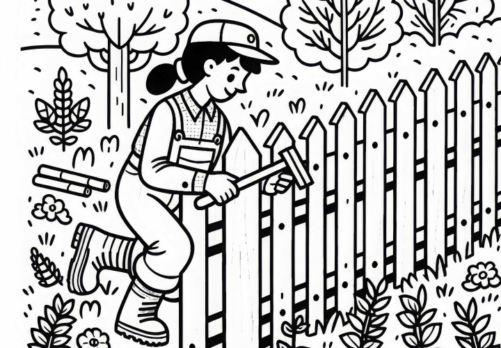 Försterin repariert Zaun um ein Naturschutzgebiet – Malvorlage gratis Försterin repariert Zaun um ein Naturschutzgebiet – Malvorlage gratis