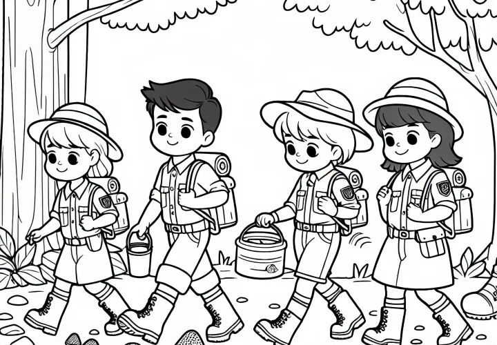 Børn i skoven klædt ud som skovrider – Gratis malebog