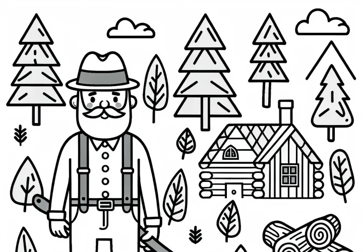 Skovhugger med økse farvelægningsskabelon gratis