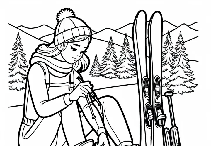Skispringerin kontrolliert die Bindung der Skier – Ausmalbild kostenlos