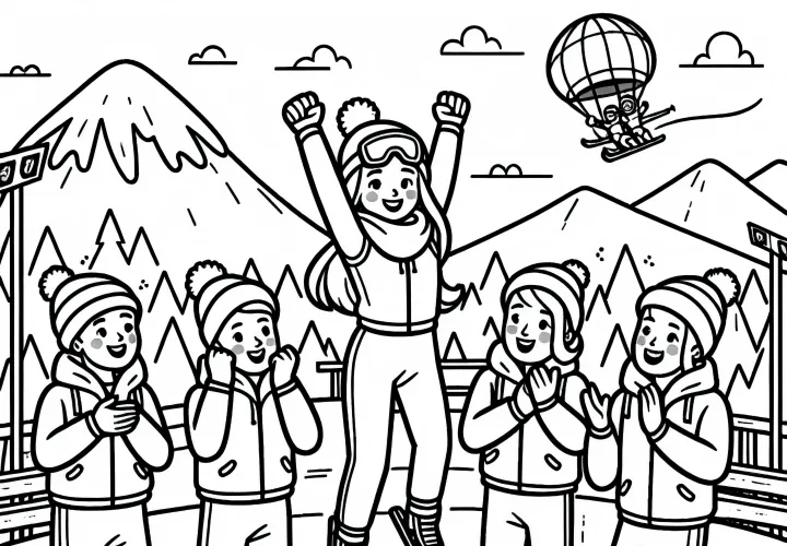 Skispringerin feiert mit Team nach Wettkampf – Malvorlage kostenlos