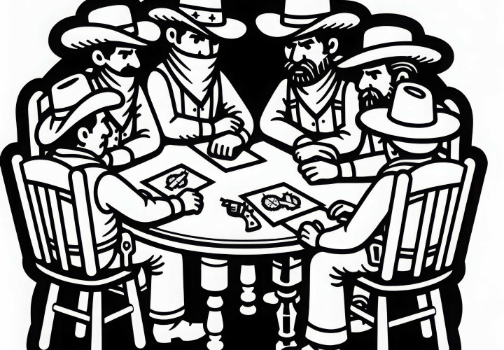Gangster sitzen an Tisch mit Komplizen – Ausmalbild gratis Gangster sitzen an Tisch mit Komplizen – Ausmalbild gratis