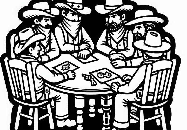 Gangster sitzen an Tisch mit Komplizen – Ausmalbild gratis