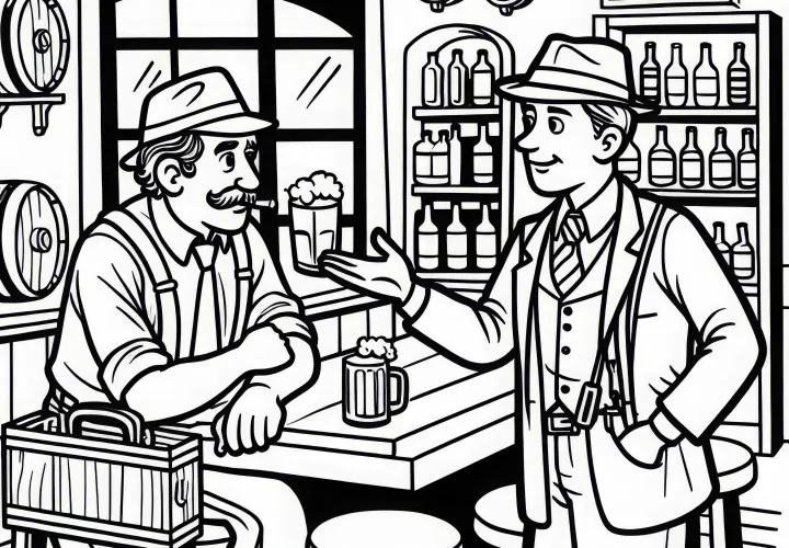 Gangster spricht mit Informanten in Bar – Ausmalbild kostenlos