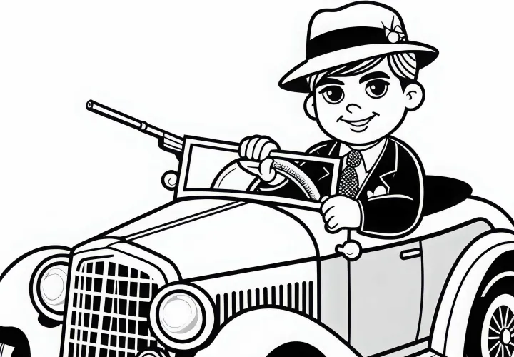 Gangster fährt auffälliges Auto Malvorlage gratis herunterladen