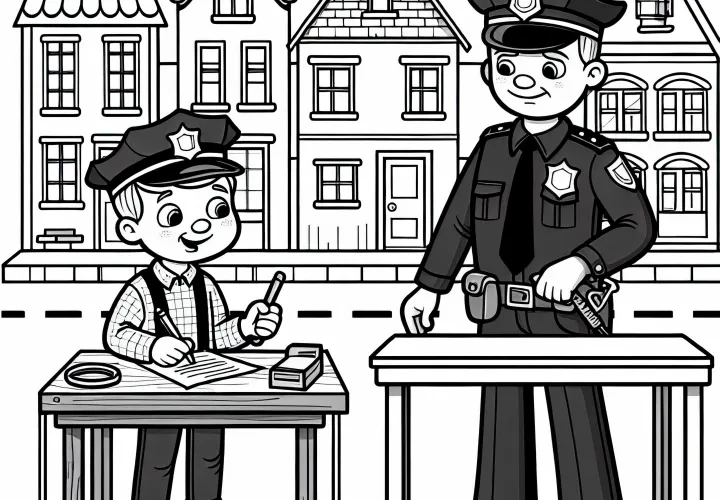 Gangster wird von Polizei befragt – Malvorlage gratis
