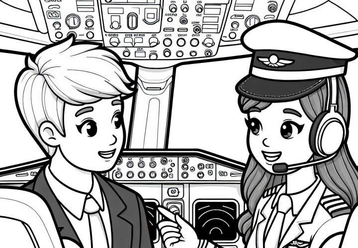 Pilot im Gespräch mit Co-Pilotin im Cockpit – Malvorlage kostenlos Pilot im Gespräch mit Co-Pilotin im Cockpit – Malvorlage kostenlos