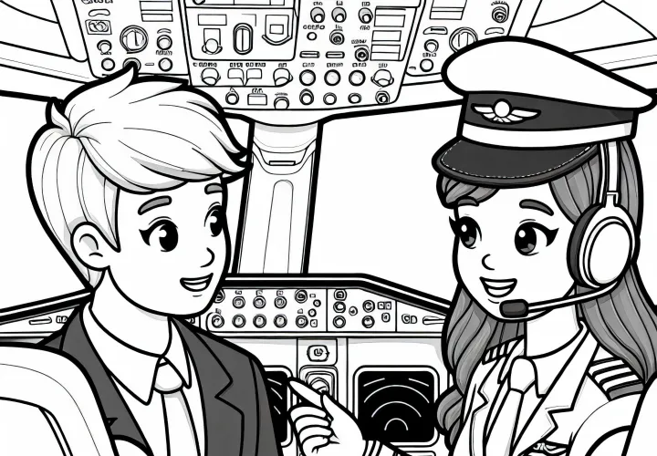 Pilot im Gespräch mit Co-Pilotin im Cockpit – Malvorlage kostenlos