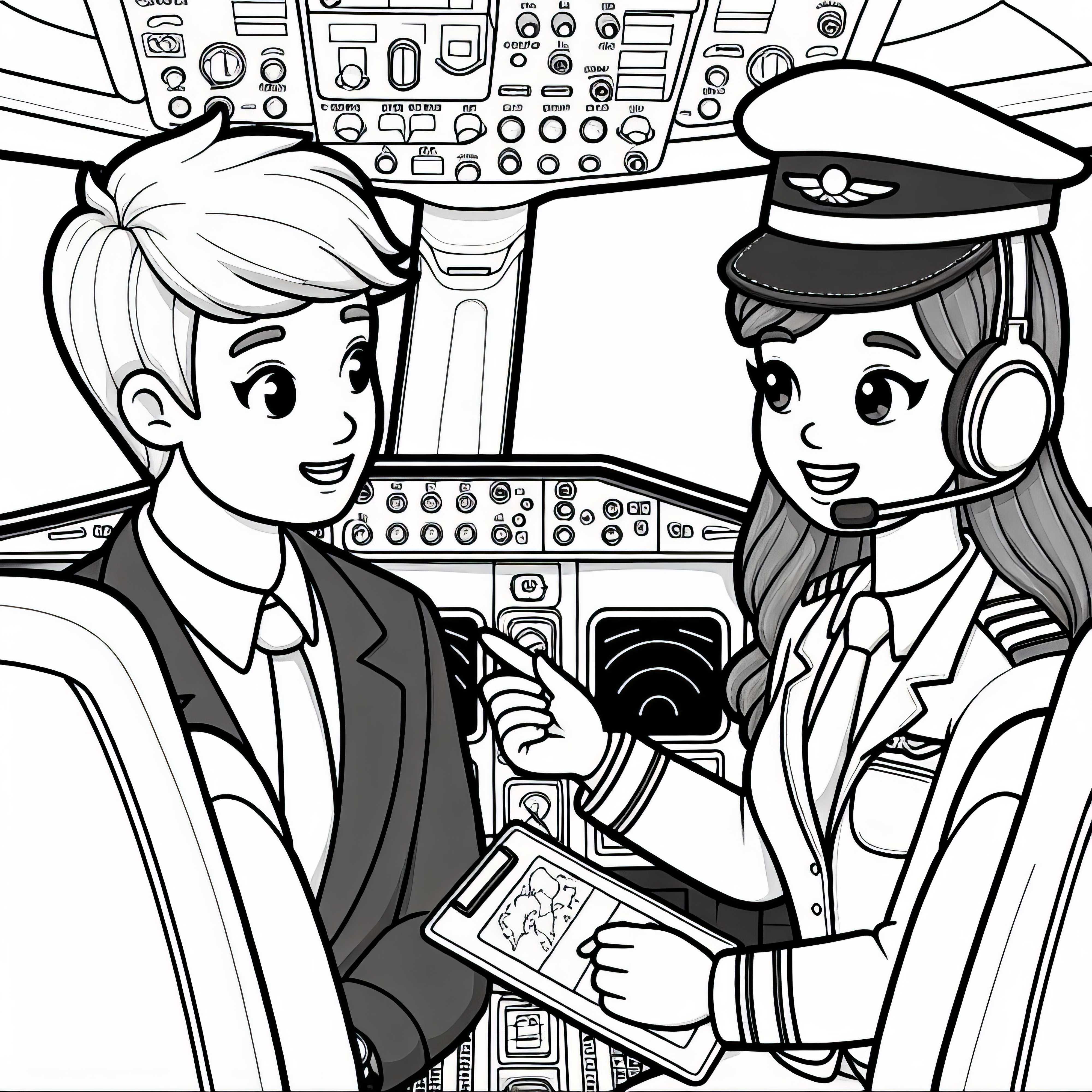 Pilot im Gespräch mit Co-Pilotin im Cockpit – Malvorlage kostenlos
