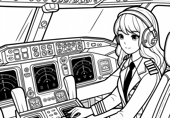 Pilotin bei Kontrolle von Instrumenten im Cockpit - Malvorlage Kostenlos Pilotin bei Kontrolle von Instrumenten im Cockpit - Malvorlage Kostenlos