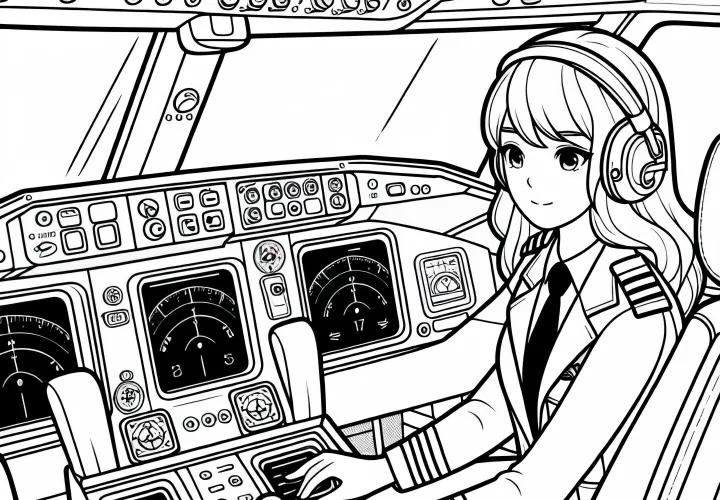 Pilotin bei Kontrolle von Instrumenten im Cockpit - Malvorlage Kostenlos