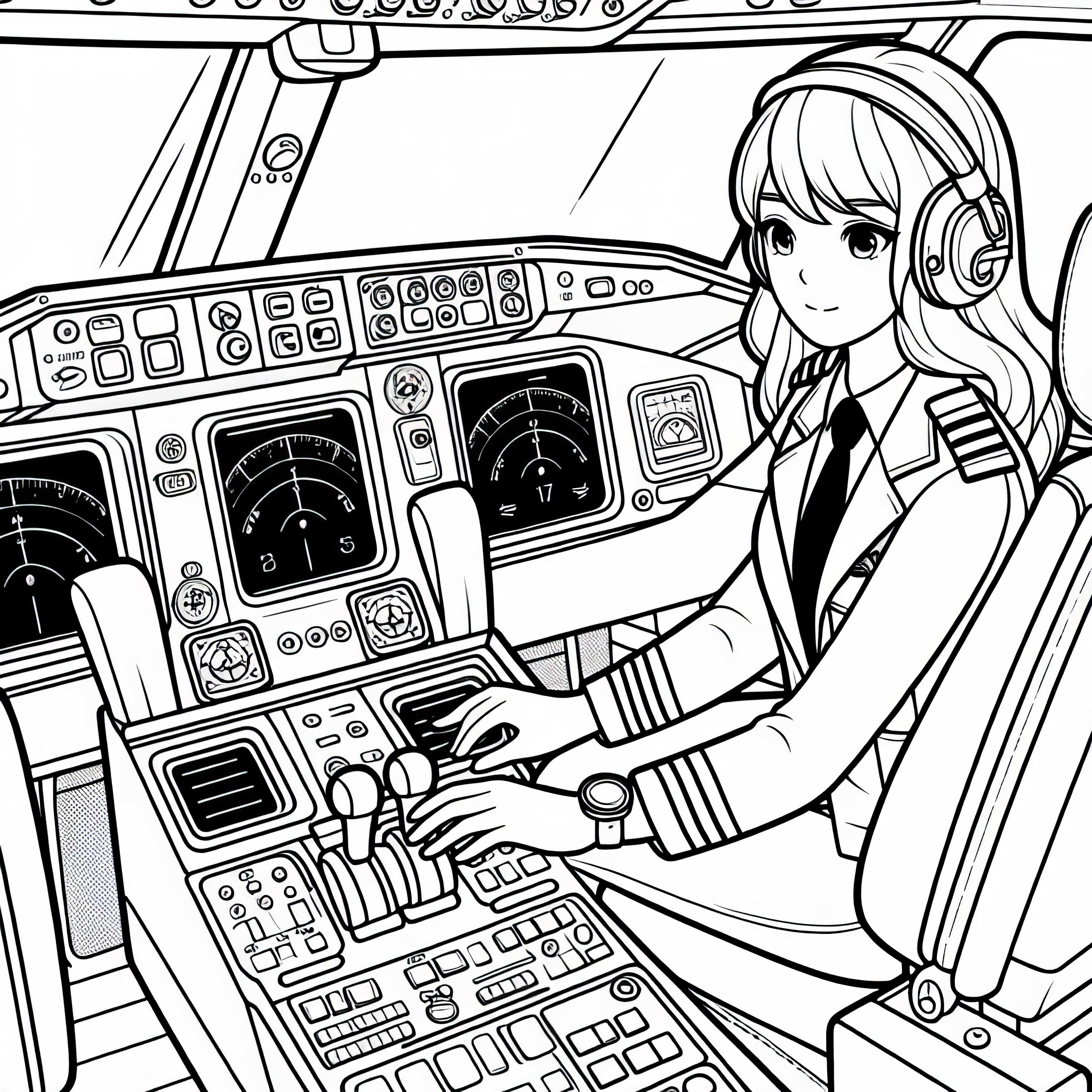 Pilotin bei Kontrolle von Instrumenten im Cockpit - Malvorlage Kostenlos