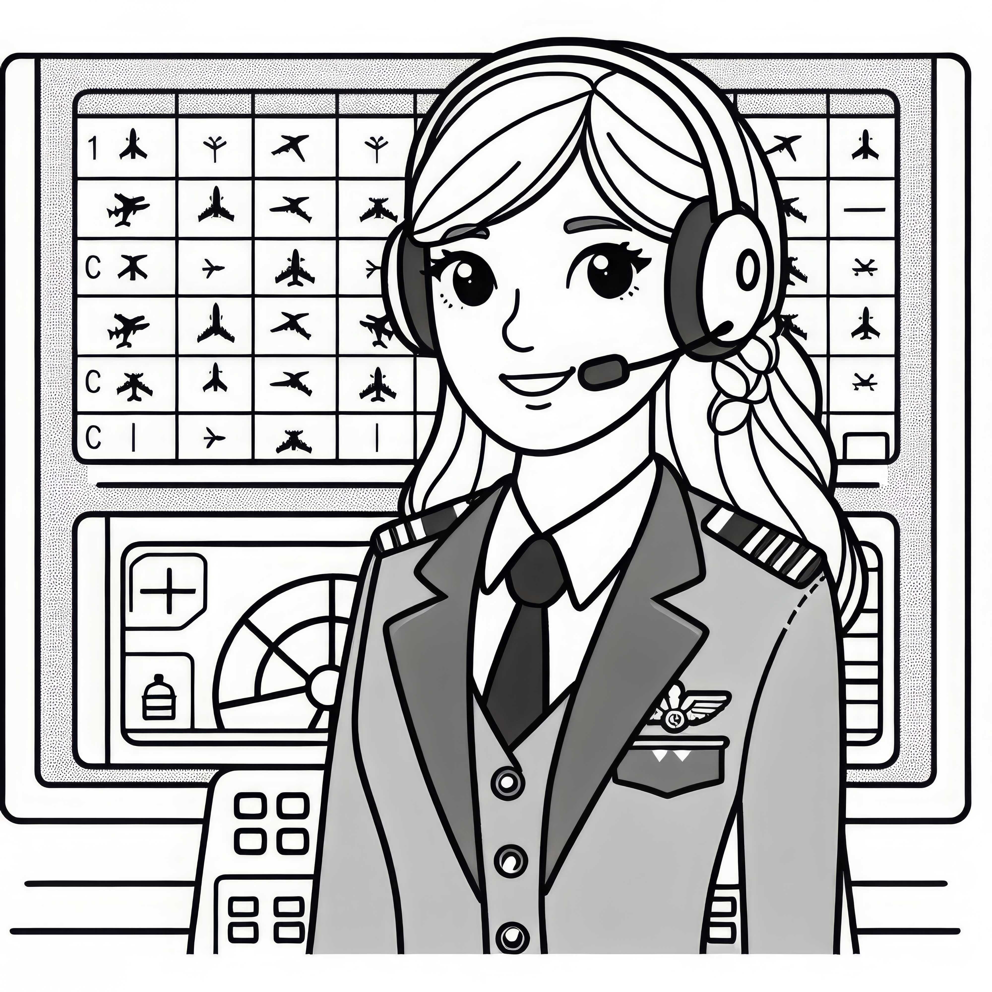 Pilotin mit Headset – Ausmalbild kostenlos herunterladen