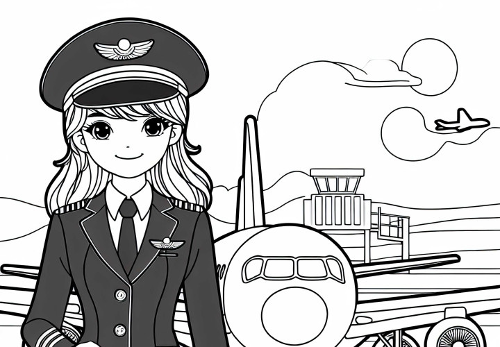 Pilotin mit Uniform vor Flugzeug auf Rollfeld – Ausmalbild kostenlos Pilotin mit Uniform vor Flugzeug auf Rollfeld – Ausmalbild kostenlos