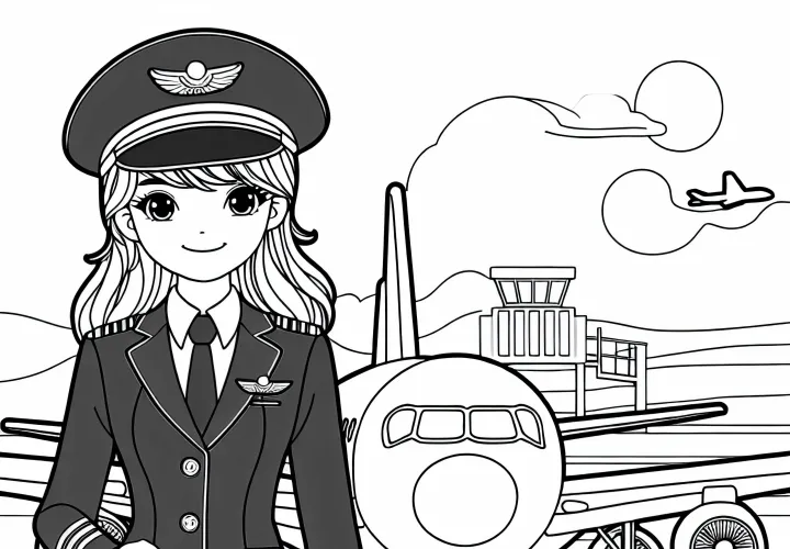 Pilotin mit Uniform vor Flugzeug auf Rollfeld – Ausmalbild kostenlos