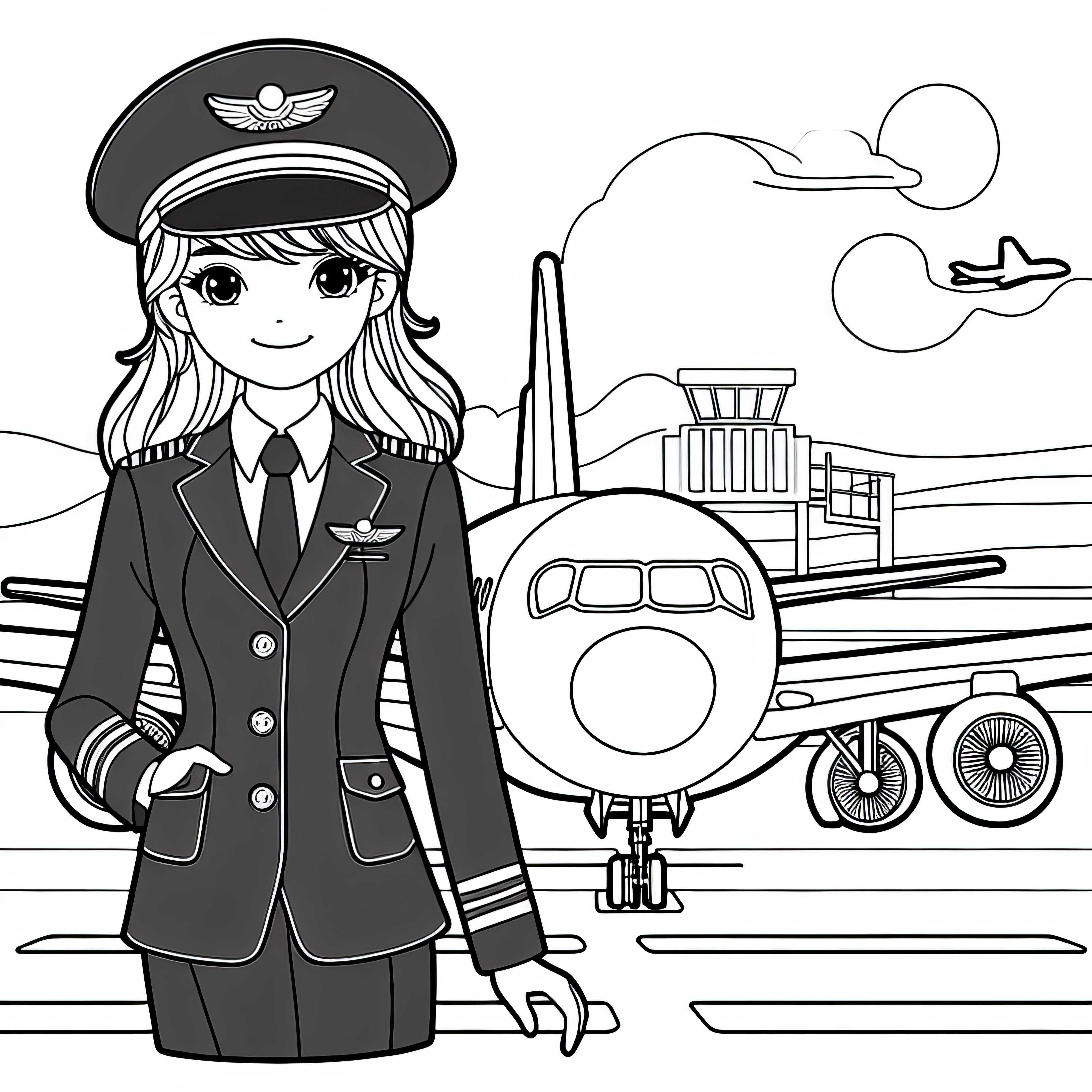 Pilotin mit Uniform vor Flugzeug auf Rollfeld – Ausmalbild kostenlos