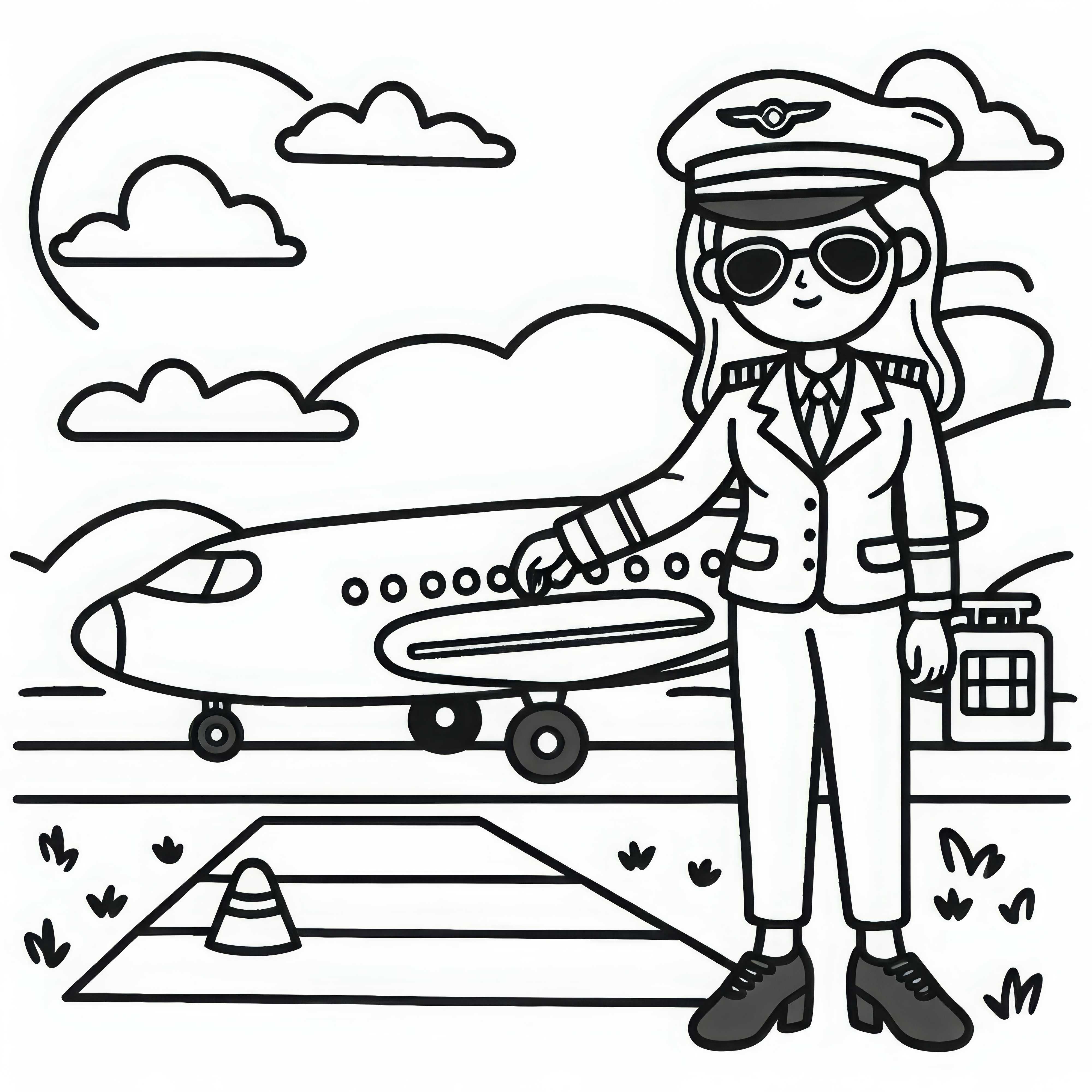 Pilotin beim Starten eines Flugzeugs auf der Startbahn – Ausmalbild kostenlos