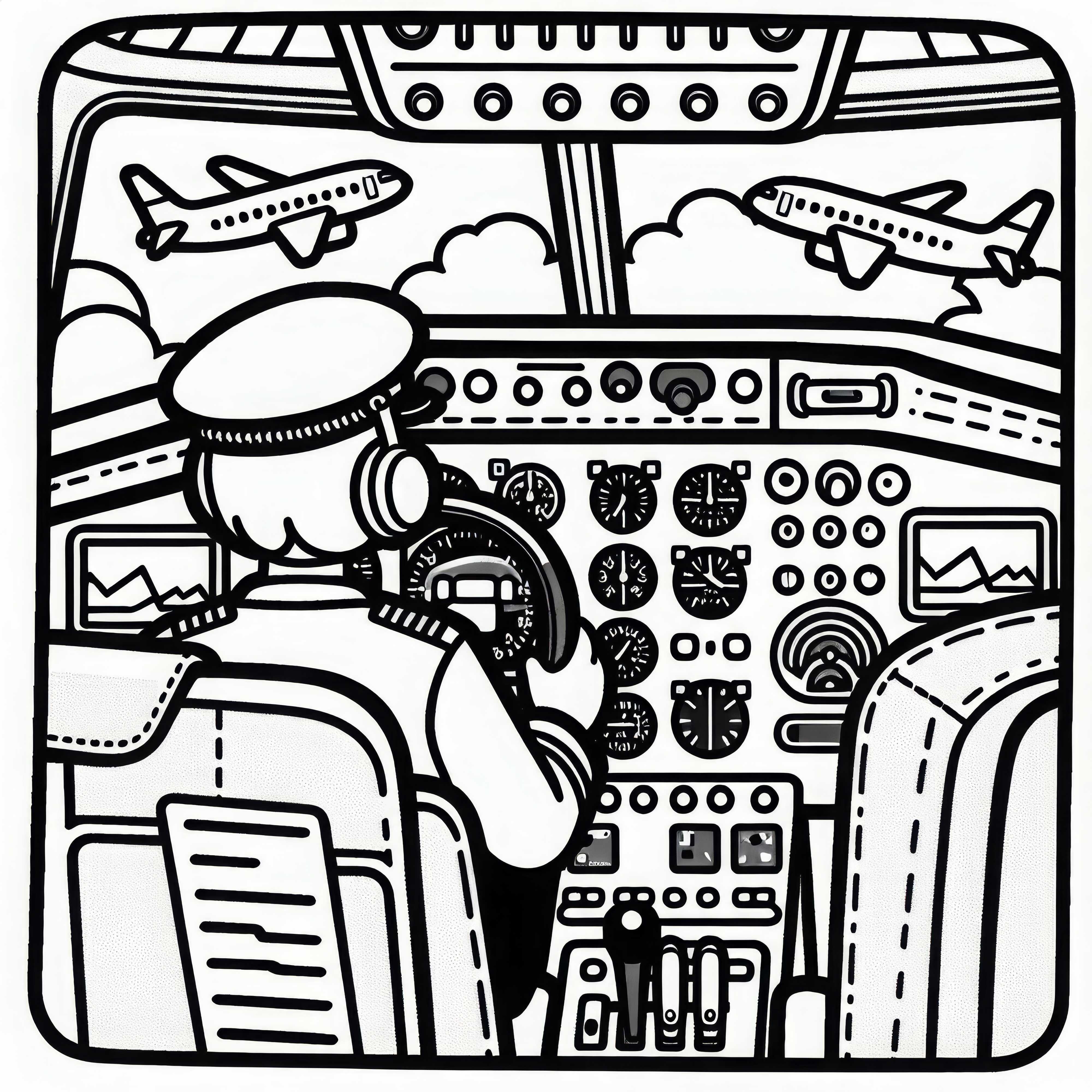 Flugzeugcockpit mit Instrumenten – Malvorlage einfach gratis