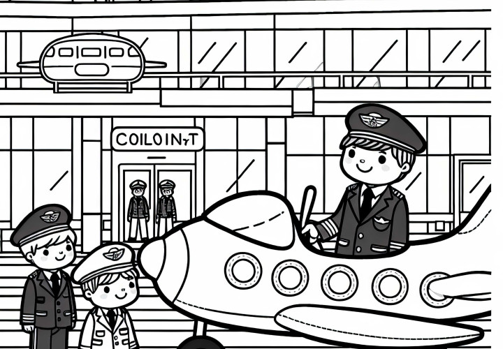 Flughafen mit Piloten - Malvorlage einfach gratis Flughafen mit Piloten - Malvorlage einfach gratis